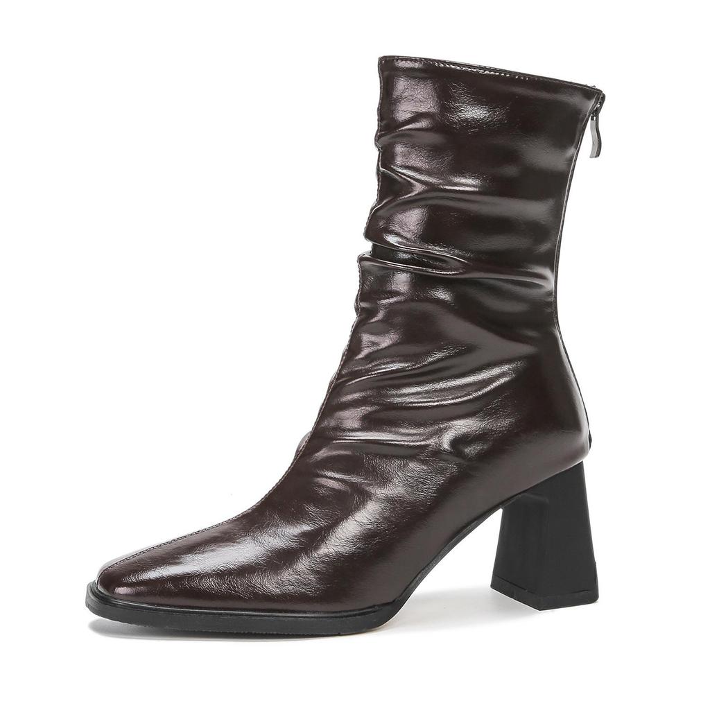 Pleated Retro French Ankle Boots with Velvet Lining, Mid-Calf Height, Back Zipper, and Slim Square Toe for Women.
