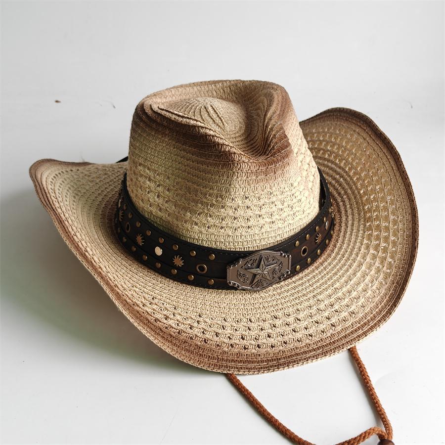 Western Cowboy Straw Hat For Men Women Vintage Outlaw Cowgirl Sun Sombrero Hat With Metal Star Emblem Band Beach Summer Caps