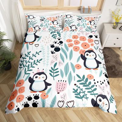 Ensemble de housse de couette mignon pingouin et cœur pour enfants et adolescents Housse de couette légère avec 2 taies d'oreiller Ensemble de literie pingouin dessin animé