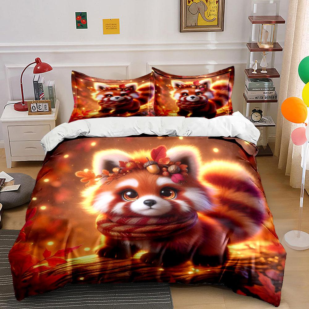 Autumn Raccoon Cartoon Duvet Cover Set With 3D Printing Design Soft Polyester Bedding Set All-Season Comfort Machine Washable