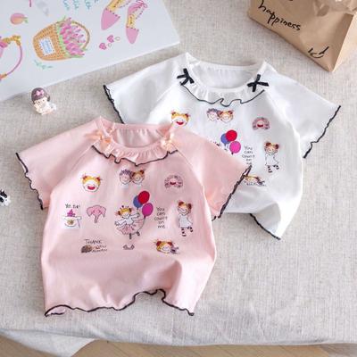 Girls' Short Sleeved T-shirt Summer New Collection Children's Sweet Printed Bow Round Neck Lace Top
