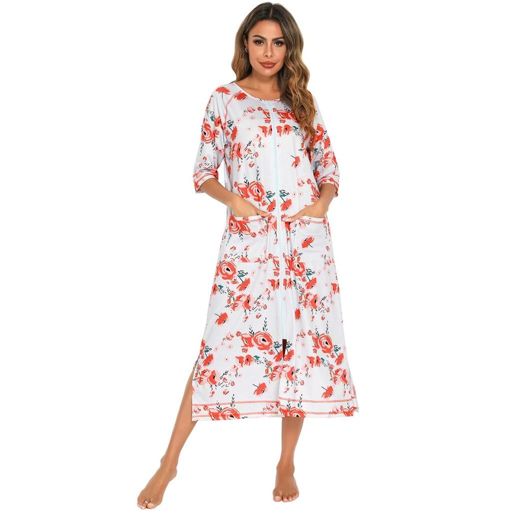 Cremallera Ropa de Dormir para Mujer Pijama Vestido de Maternidad Manga 3/4 Lactancia Bebé Lactancia Camisón Vestido de Embarazo