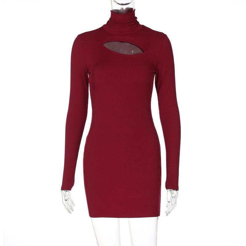 

Solid Color Hollow out Long Sleeve Dress Pure Color Cut Out Long Sleeves Bodycon Dress Burgundy S