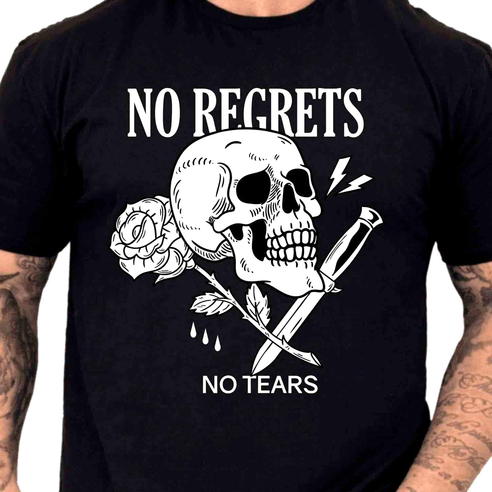 No Regrets Skull Graphic T-Shirt No Tears Rose Tattoo Biker Tee Rebel Gift L