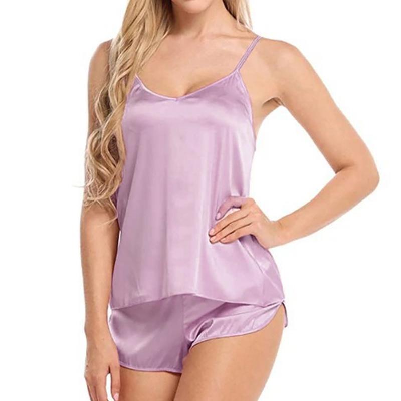 Top cu bretele spaghetti pentru femei, pijama din satin, confortabil, culoare uni, casual, îmbrăcăminte de noapte, set de vară cu pantaloni scurți, îmbrăcăminte de noapte, îmbrăcăminte de dormit, 2 piese/set