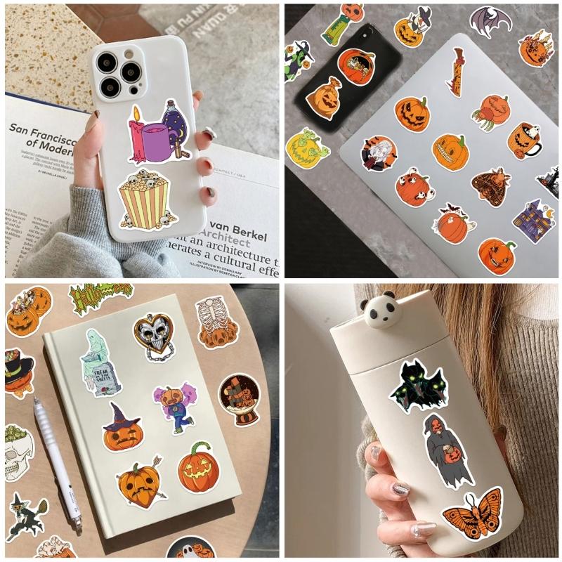 Halloween Party Stickers Pack Of 50 PVC Pumpkin Bat Designs Safe For Kids DIY Craft Decor Easy Apply Remove No Residues