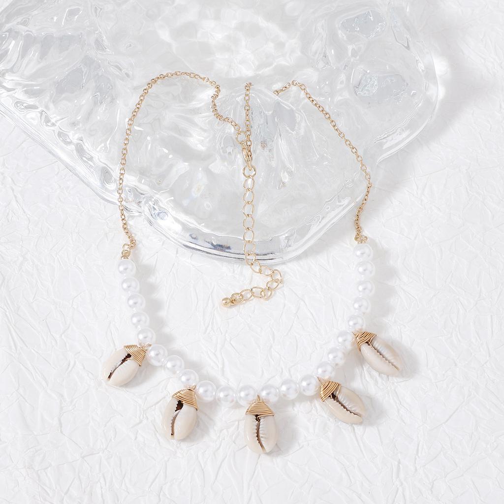 Bohemian shell fringed pendant imitation pearl women's necklace fashion beach style niche design necklace