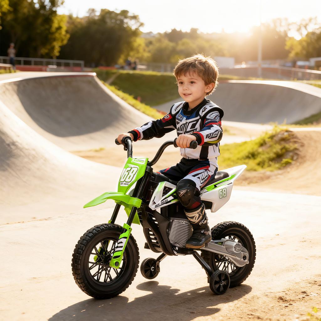 Moto Elettrica per Bambini, Moto per Bambini 12V con Musica, Veicolo per Bambini con Rotelle di Supporto, 3-6 Anni, Verde