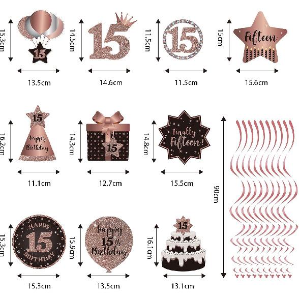 Happy 15th Birthday Hanging Swirls Streams Ceiling Decorations, Celebration 15 Foil Hanging Swirls with Cutouts for 15 Years Old Rose Gold Birthday