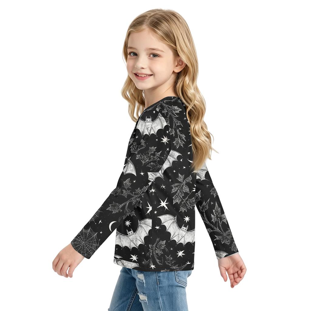 Kids' Long Sleeve Halloween Print T-Shirt with Round Neck for Everyday Wear