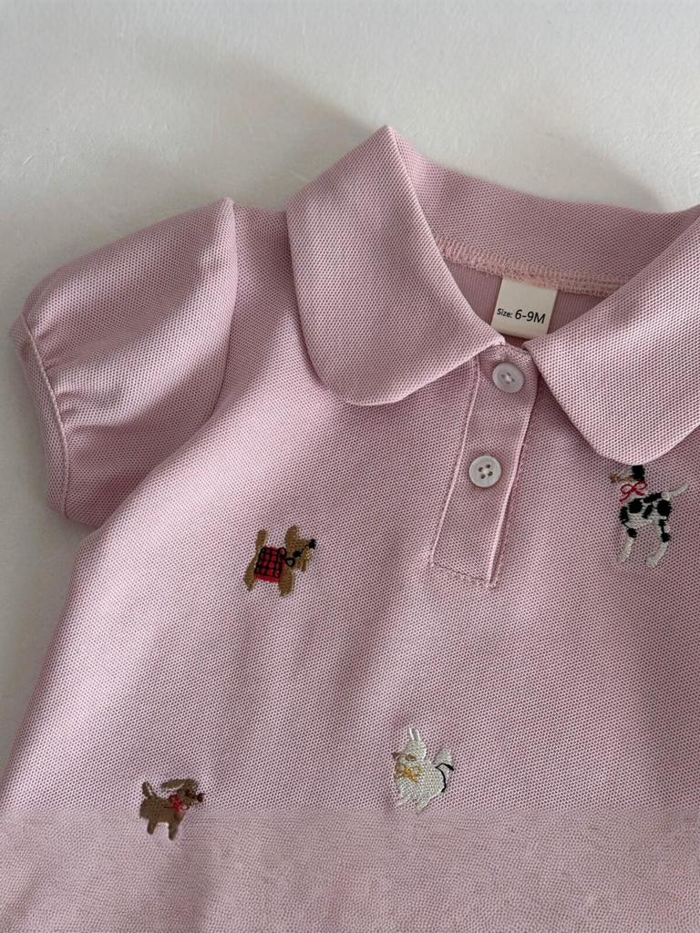 2026 Summer Girls Baby Pink Embroidered Puppy Polo Shirt & Skirt Set