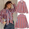 Womens Striped Long Sleeve Shirt With Tie Neck Loose Fit Linen-Feel Top Casual Street Style Blouse