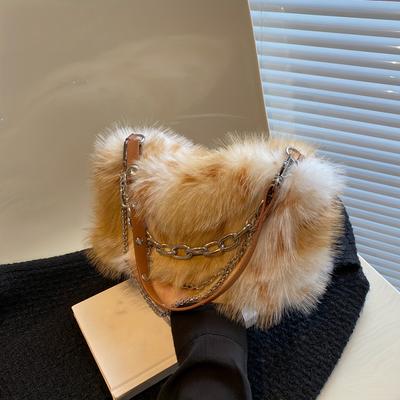 Klassische Umhängetasche aus Plüsch mit Batikmuster, originelle Handtasche für Damen, Geldbörse mit Kunstpelzkette für den Winter