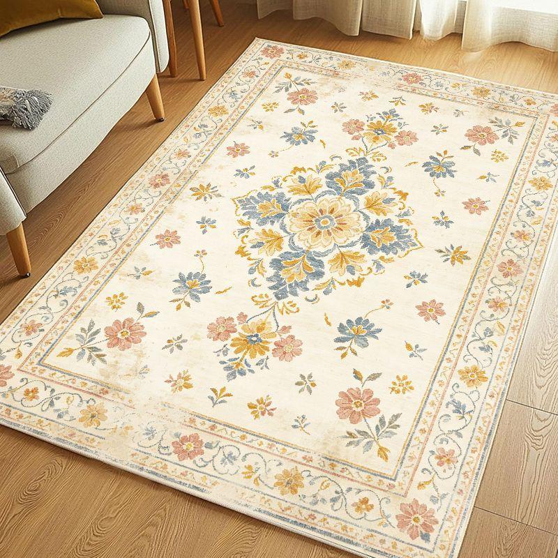 Retro Countryside Flower Area Rug Soft Non Slip Washable Floor Carpet for Living Room Bedroom Study Home Decor
