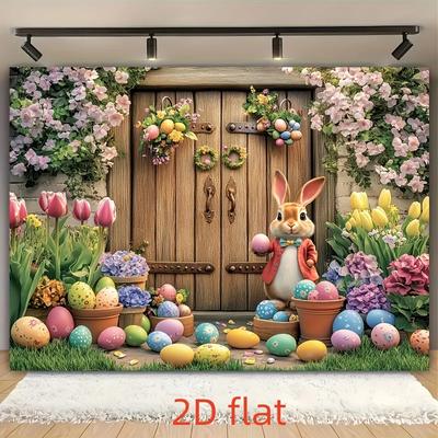 Spring Easter Tapestry, Cute Rabbit with Tulips & Easter Eggs Wall Art Cloth for Aesthetic Room & Home Decor