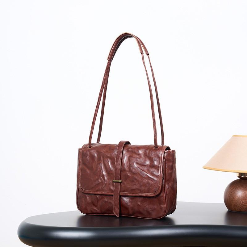Real Leather Women's Bag Commuting Shoulder Fashionable Retro Mailman Tree Cream Vegetable Tanned Cowhide Crossbody