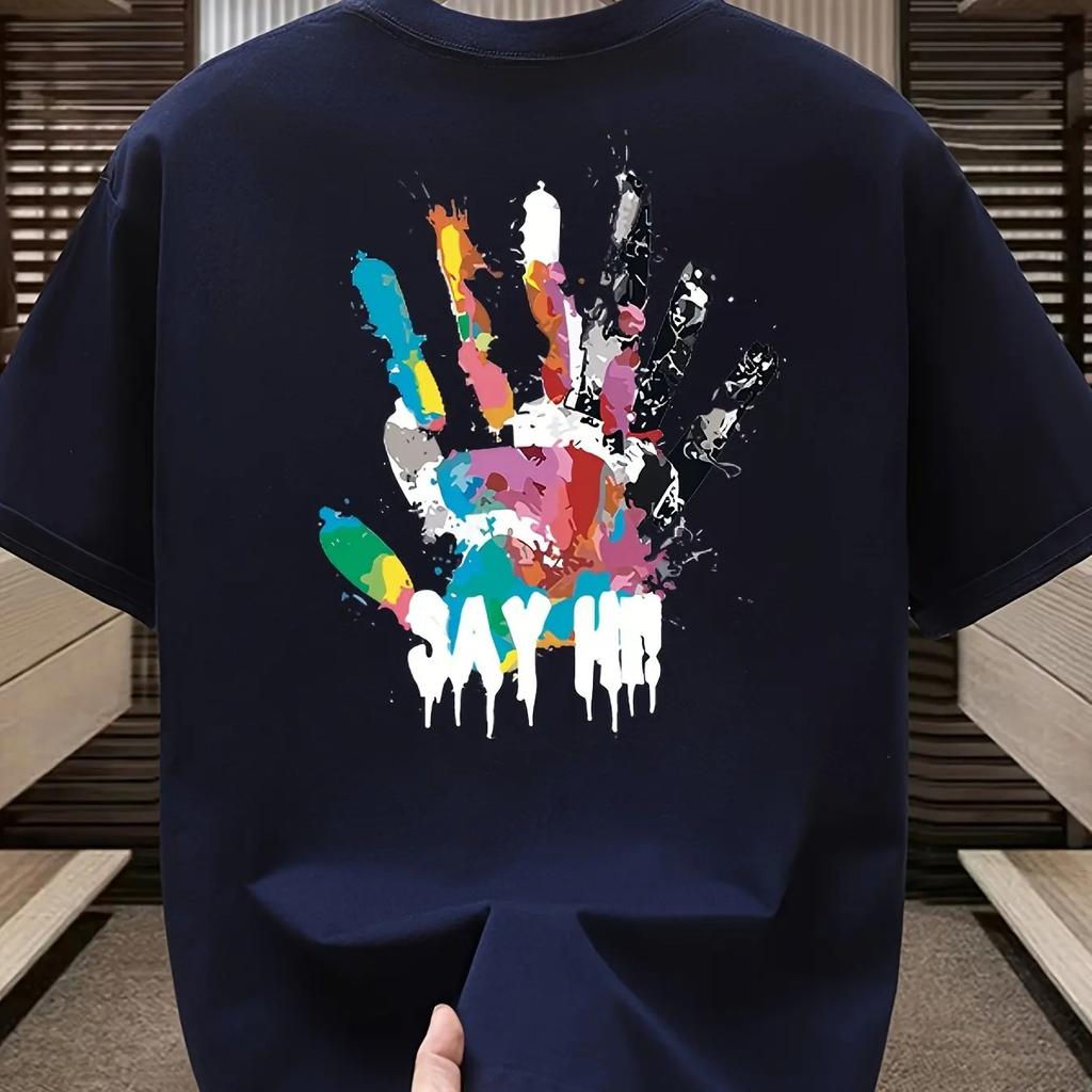 Unisexs Summer Cotton Fashionable Casual Sports Loose Large Size Color Handprint Round Neck Short Sleeve Tshirt Top