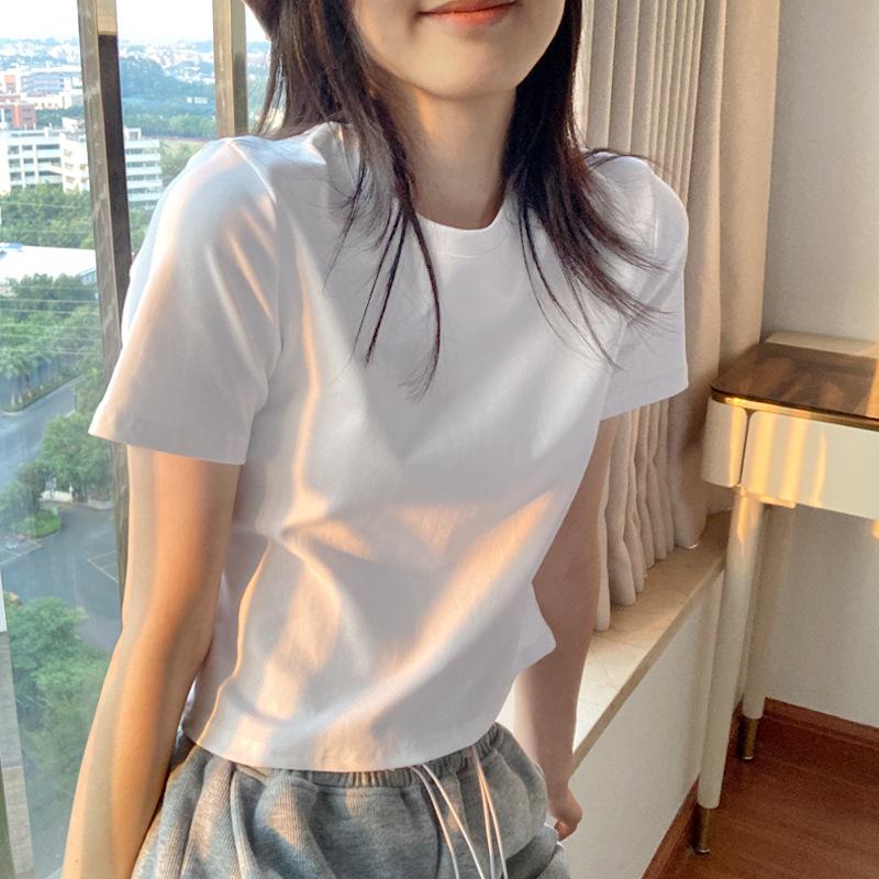 

High and thin white short-sleeved t-shirt women s slim-fitting short round neck bottoming shirt versatile casual body shirt pure cotton top S белый