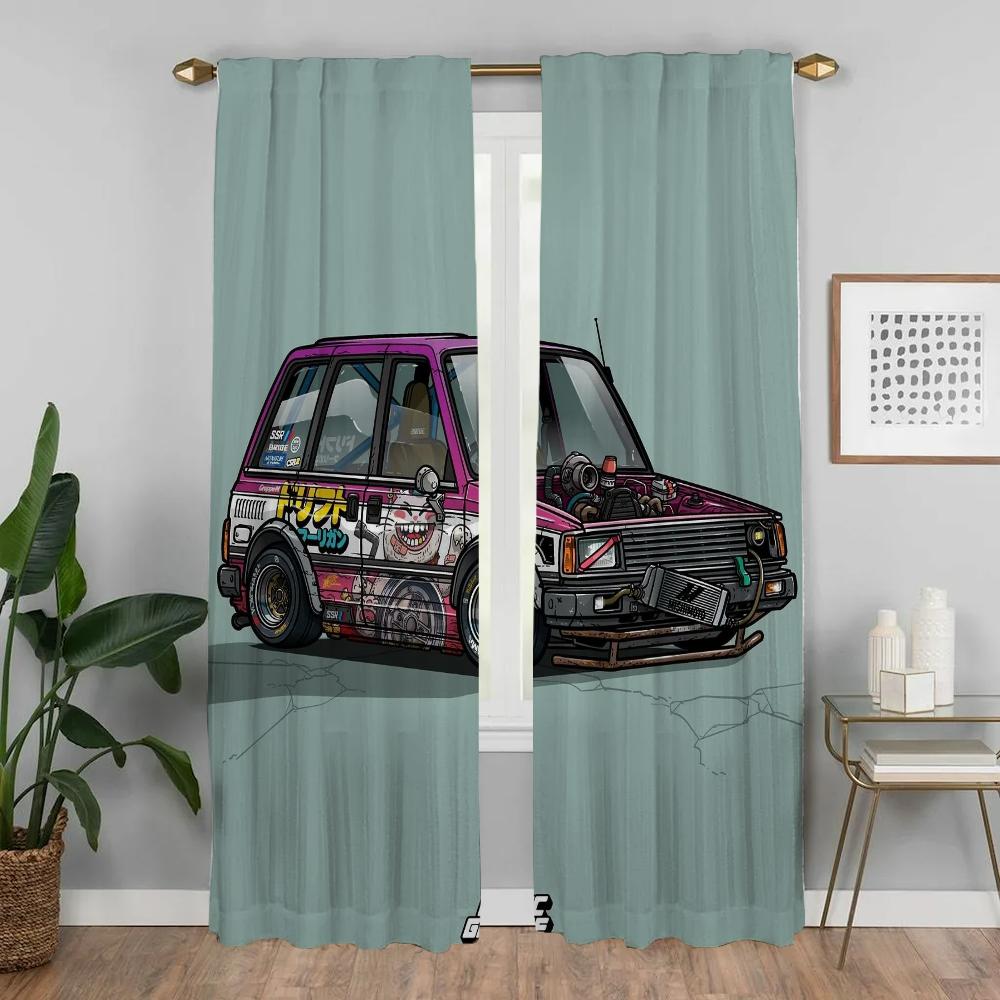Retro Car Kitchen Curtains for Living Room Curtain Shades Partition Tulle for Bedroom Home Interior Curtains 2 Pieces Blackout