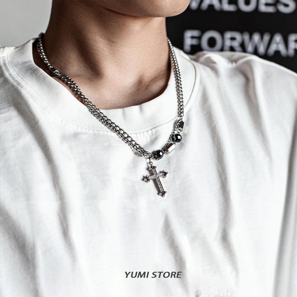 Unisex Hip Hop Zircon Cross Necklace Titanium Steel Splicing Chain Punk  Pendant for Man Woman
