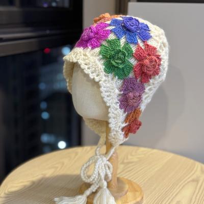 New Autumn and Winter Colorful Handmade Crochet Artistic Knitted Hat for Women, Ethnic Style, Sweet and Versatile, Double-layer Cotton Yarn Head Wrap