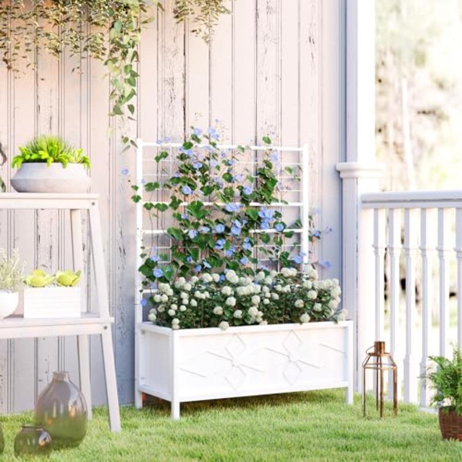 Raised Garden Bed with Trellis 35.4 X 15.7 X 47.2 Inch Planter Box for Outdoor Plants Vegetables Flowers Herbs White Wooden Pla