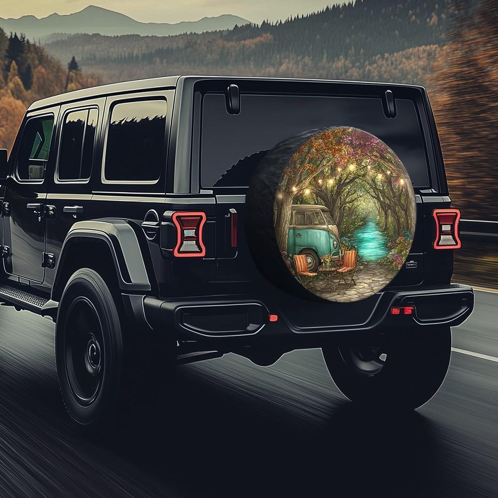 Forest Camper Tire Cover Retro Van Adventure Vehicle Spare Tire Protector Durable Polyester