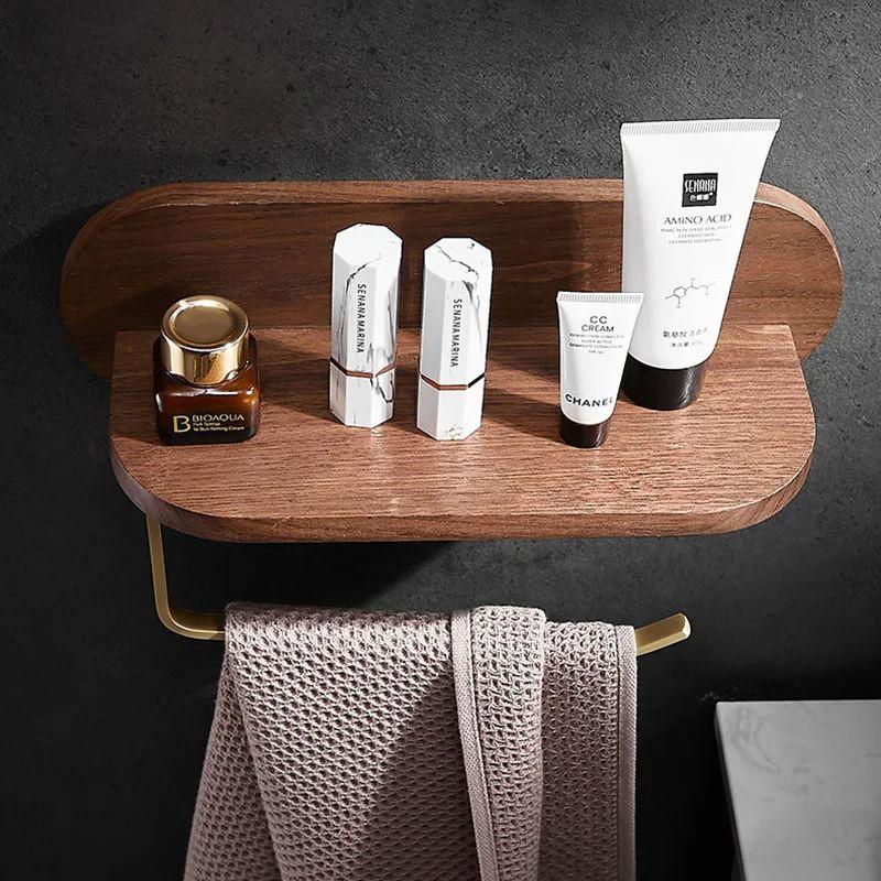 Brass Walnut Bathroom Multipurpose Storage Rack Wall Mounted Towel Rack Brushed Gold Dresser Storage Rack Bathroom Shelf