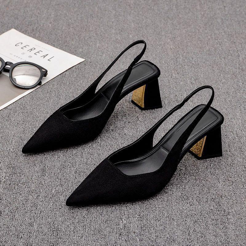 2025 summer fashion sandals new black bag head sandals women's pointed thick heel high heels women's fashion versatile temperament