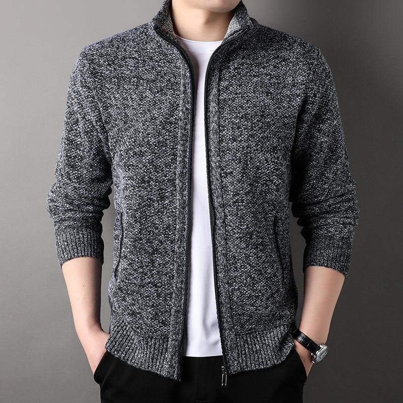 Men's Autumn and Winter Thickened Plus Size Hoodless Loose Cardigan Solid Color Casual Warm Zip Knit Outerwear