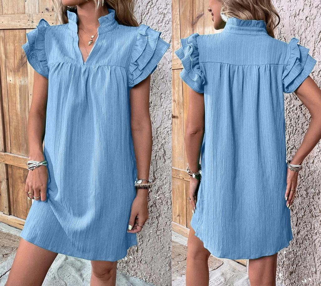 Summer Fashion Versatile Lotus Leaf Sleeve V-neck Dress