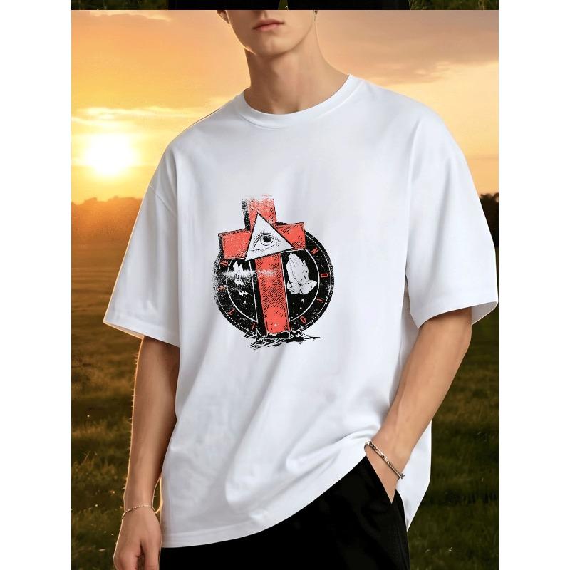 European Size Men's Fashion Street Style Trendy Religious Graphic T Shirt with Cross All Seeing Eye Circle Print Adult Male Casual Wear Holiday Gift