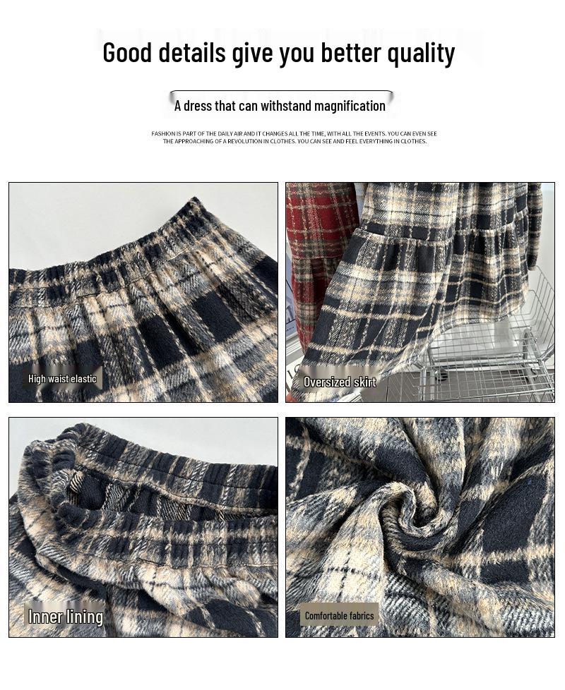 Vintage Plaid Wool A-line Skirt for Women - High Waist, Mid-Length, Autumn/Winter 2025 Collection