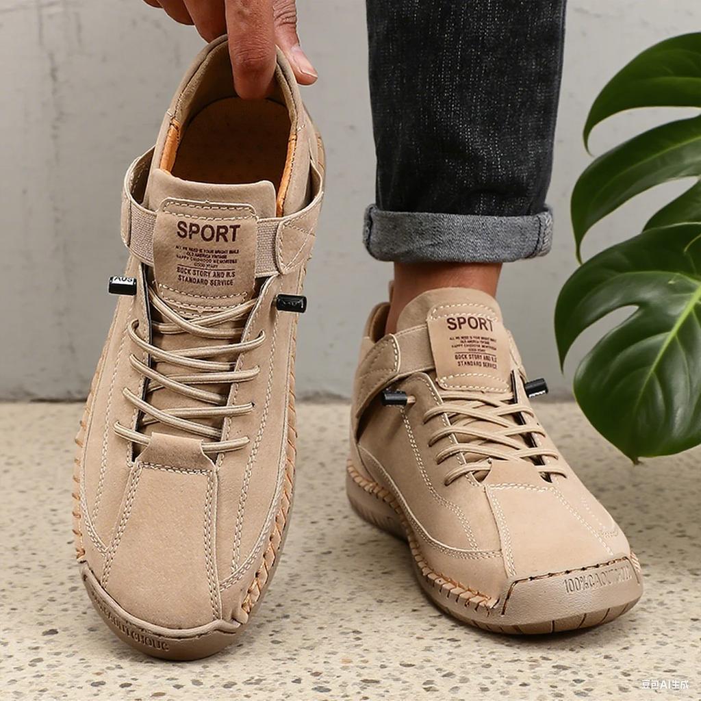 Men's Boots Mid Top for Spring British Style Retro Anti Slip Loafers Soft Soled Handmade Leather Casual Flat Men Nude Boots
