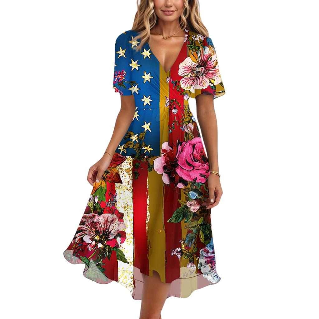 Women's Fashionable Casual V-neck Short-sleeved Independence Day Printed Dress