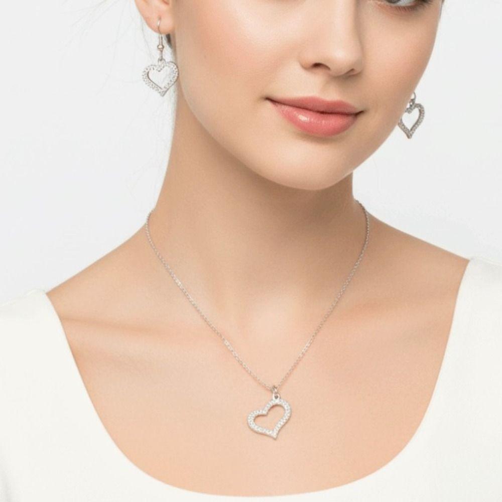 Gold Color Love Charm Earrings Exquisite Silver Color Double Heart Necklace 3Pcs Set Light Luxury Bridal Accessory Set