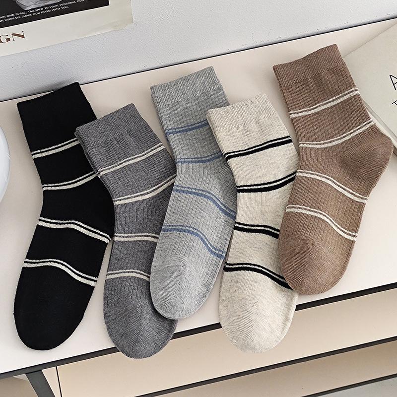Ladies' Socks, Brown Striped Mid-calf Socks, Maillard Versatile Cotton Socks for Autumn and Winter, Trendy Long Socks for Spring and Autumn