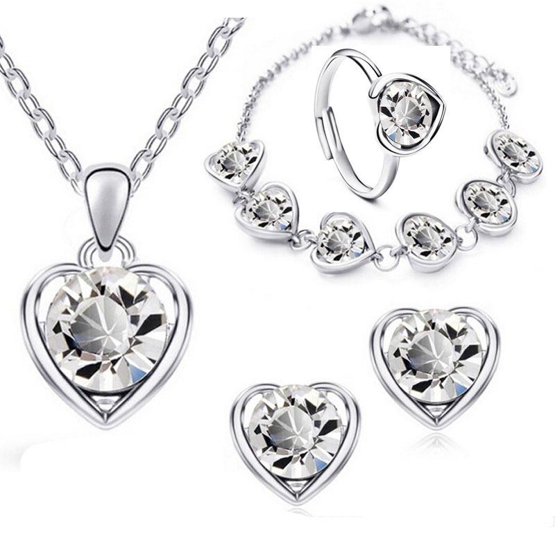 Women's Crystal Heart Jewelry Set: Necklace, Earrings, Ring, and Bracelet