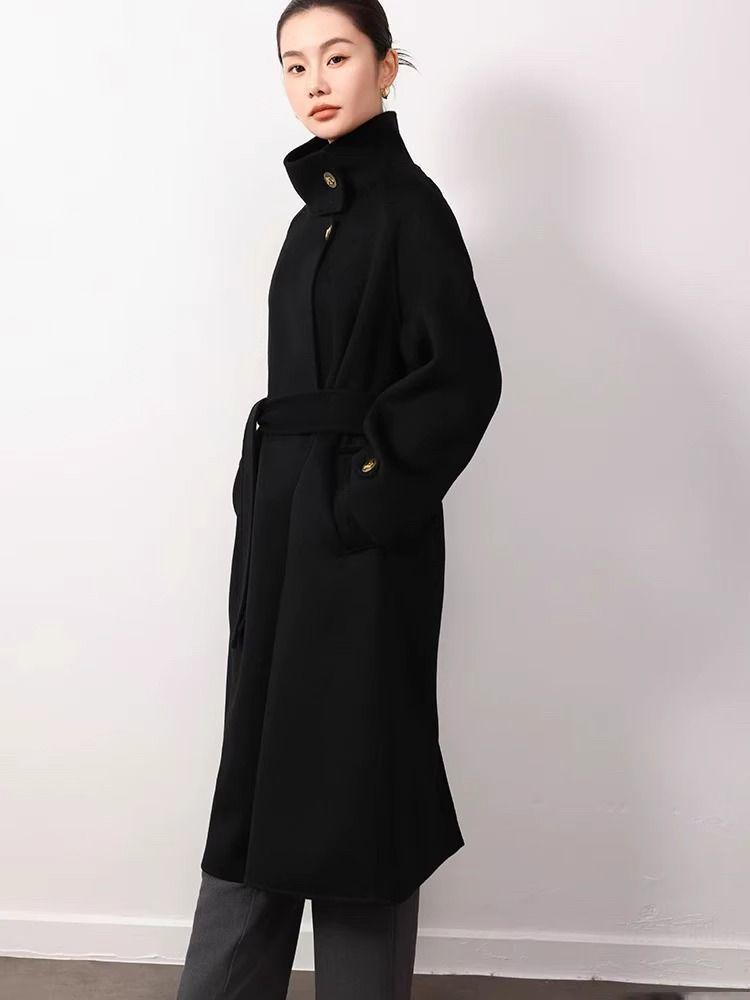 2025 Women's Hepburn Style Black Wool Coat - High-End, Slimming Autumn/Winter Fashion