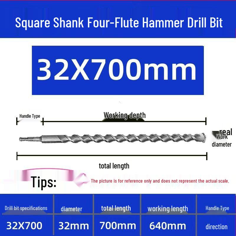 Extended Electric Hammer Drill Bit, Square & Round Shank, for Concrete Piercing - Available in 500mm to 2m Lengths