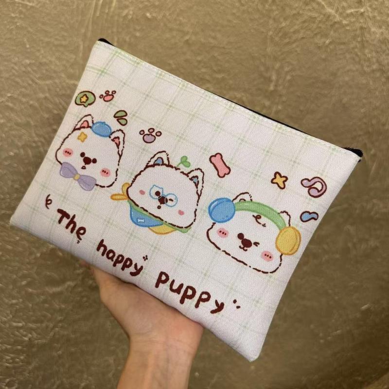 Cute Little Dog Cosmetic Bag Happy Puppy Canvas Makeup Storage Bag Large Capacity Storage Pouch Travel Toiletry Bag