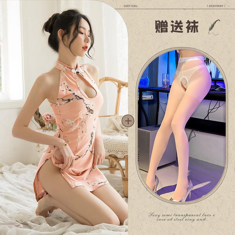 Sex Underwear Pink Stand-up Collar Print Sexy Cheongsam Slit Female Temptation Retro