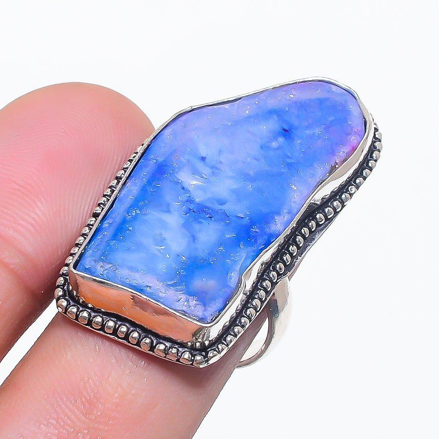 

Натуральный фиолетовый друзовый срез 925 стерлинговое серебро ювелирное кольцо размер 7.5 V6M99