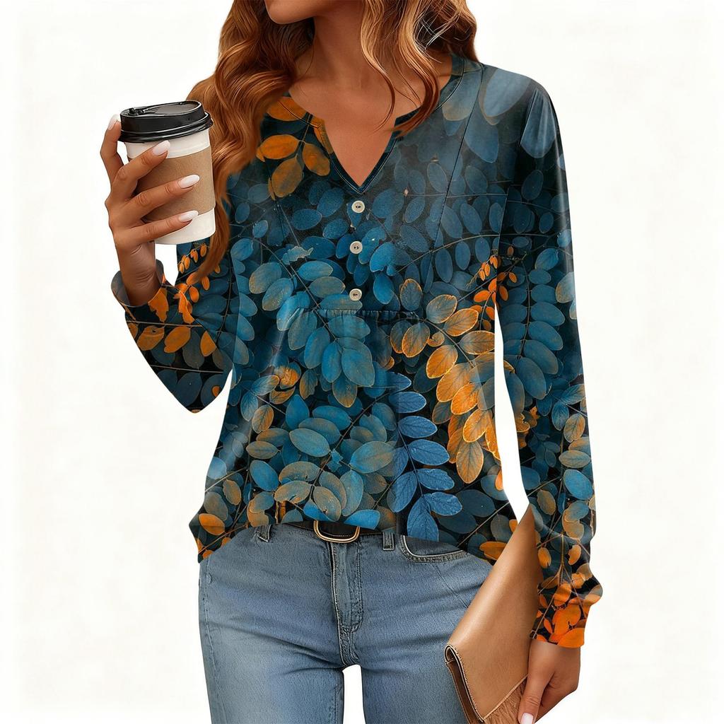 Tricou Pulover de Damă, Croială Relaxată, Gât în V, Culoare Vintage, Blocuri de Culoare cu Imprimeu Floral, Mânecă Lungă