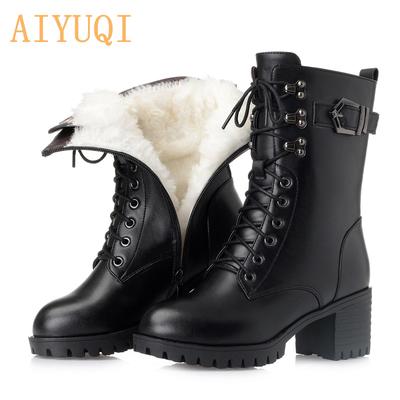 Echtes Leder Damen Militärstiefel Mode Damen Marton Stiefel Hochhackige dicke Wollstiefel