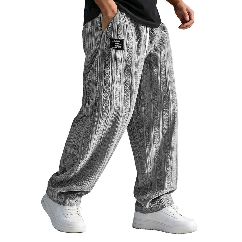 Herren Strick Jacquard Lässige Sporthosen, Lockere Gerade Tunnelzug Hosen mit Tasche, Frühling Sommer Passform, Europäischer Amerikanischer Stil, Vielseitig