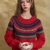 Retro Red Fair Isle Round Neck Knit Sweater - Autumn Winter Lazy Style
