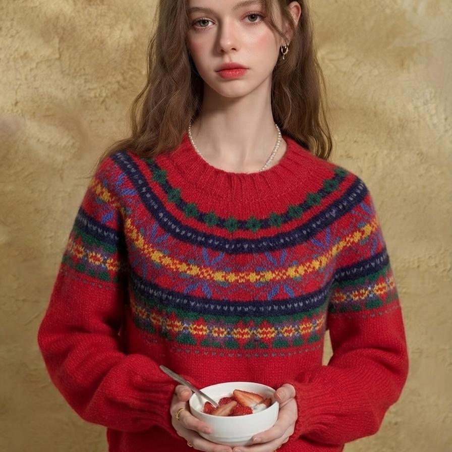 Retro Red Fair Isle Round Neck Knit Sweater - Autumn Winter Lazy Style