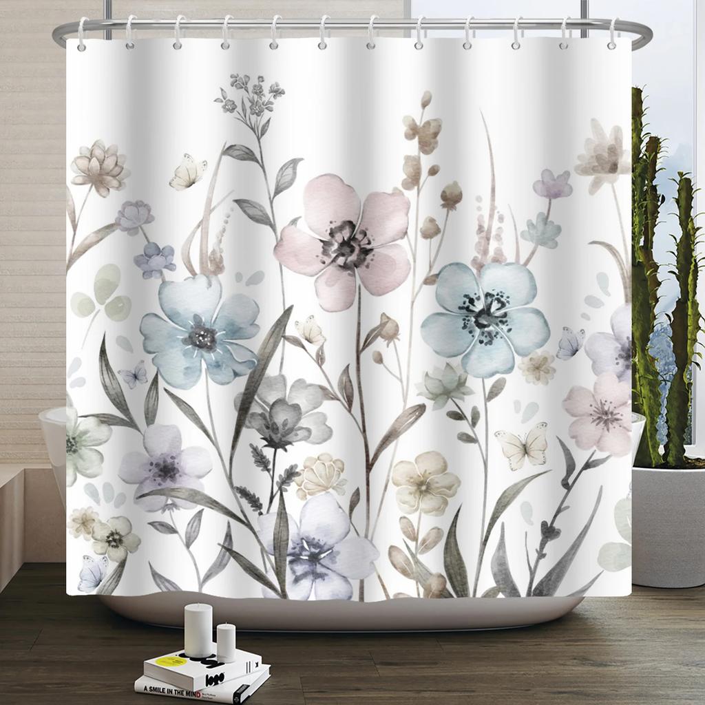 Floral Duschvorhang für Badezimmer Vintage Blume Schmetterling Wasserdichter Stoff Boho Badewanne Badezimmervorhang Mit Haken 180x240