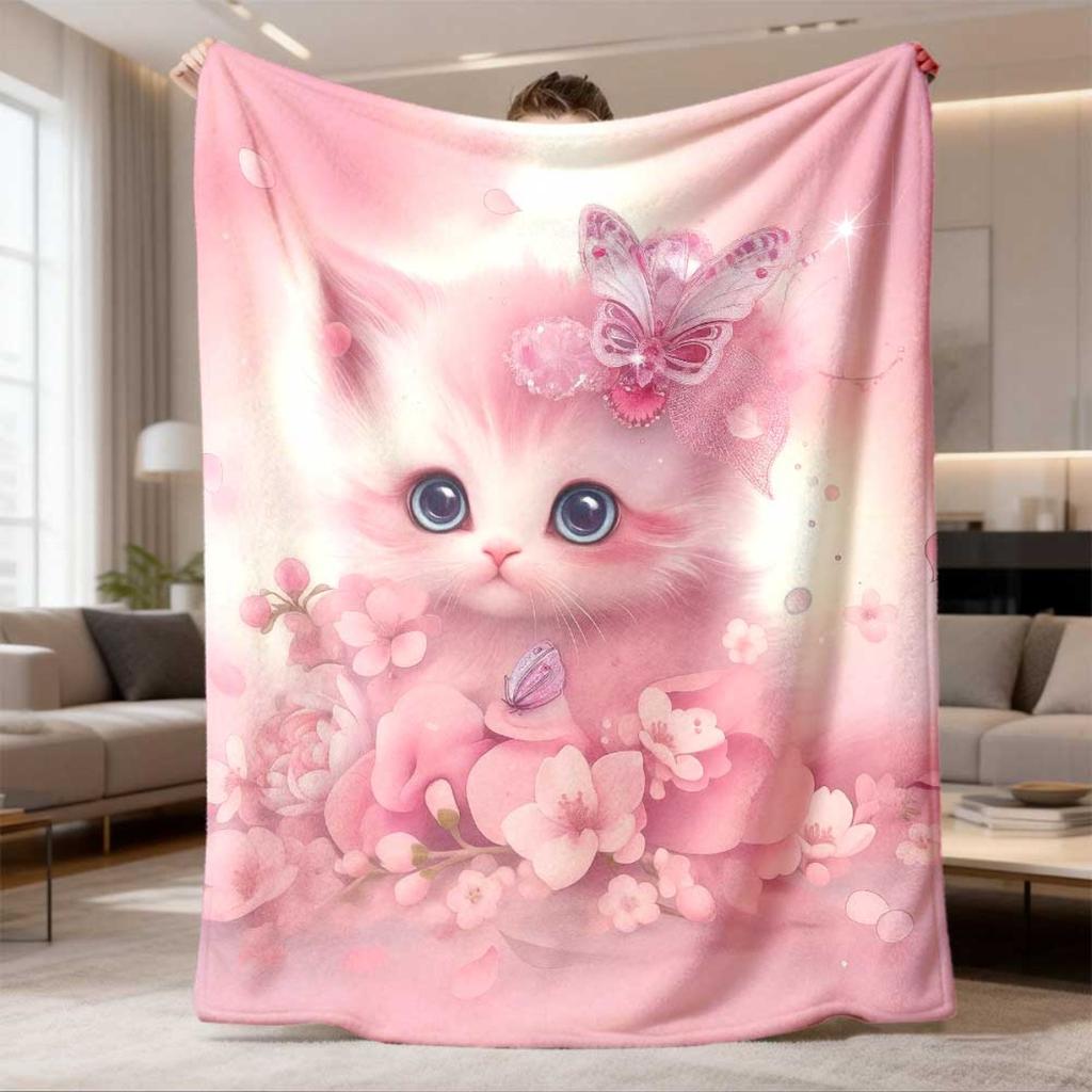 2026 New Flannel Blanket Release: One Ultra-Soft Pink Blanket Featuring Adorable Cartoon Kittens And Butterflies - A Cozy Throw for Any Season, Perfec